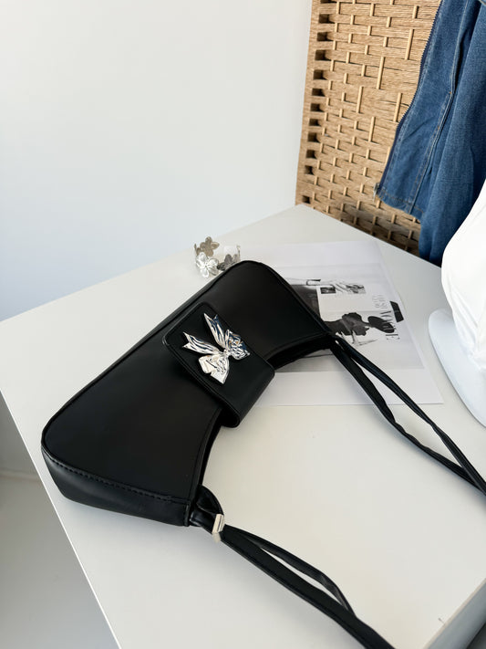 Black Shoulder Bag with Silver Bow Accent