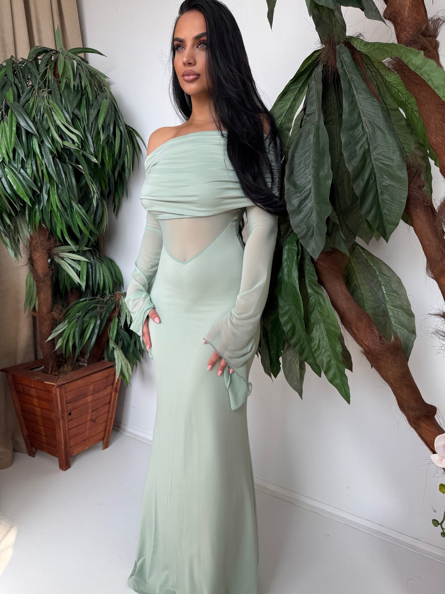 Radiate elegance and grace with this pastel mint long dress.