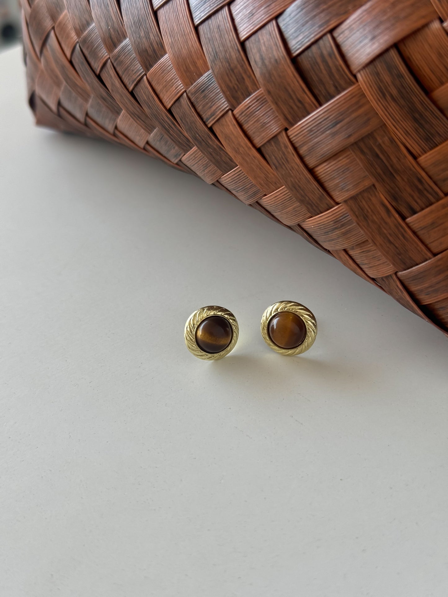 Vintage Gold Stud Earrings with Brown Gemstone