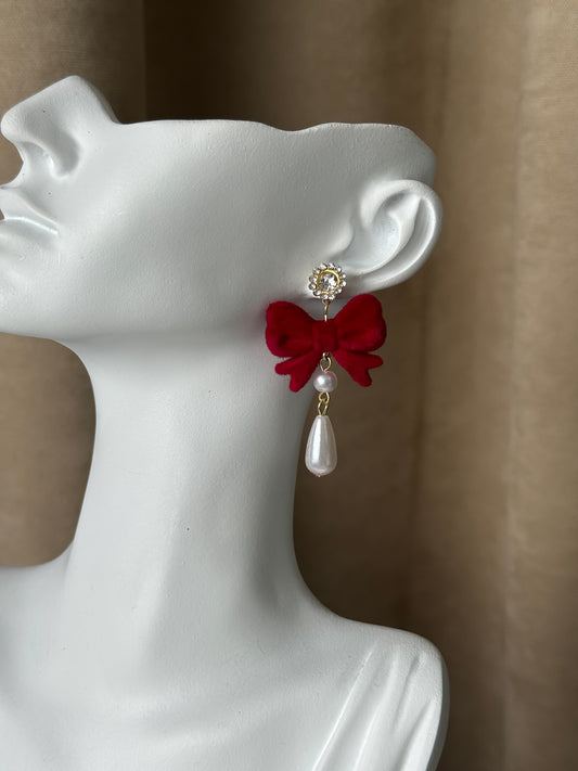 Red Velvet Bow & Pearl Drop Earring