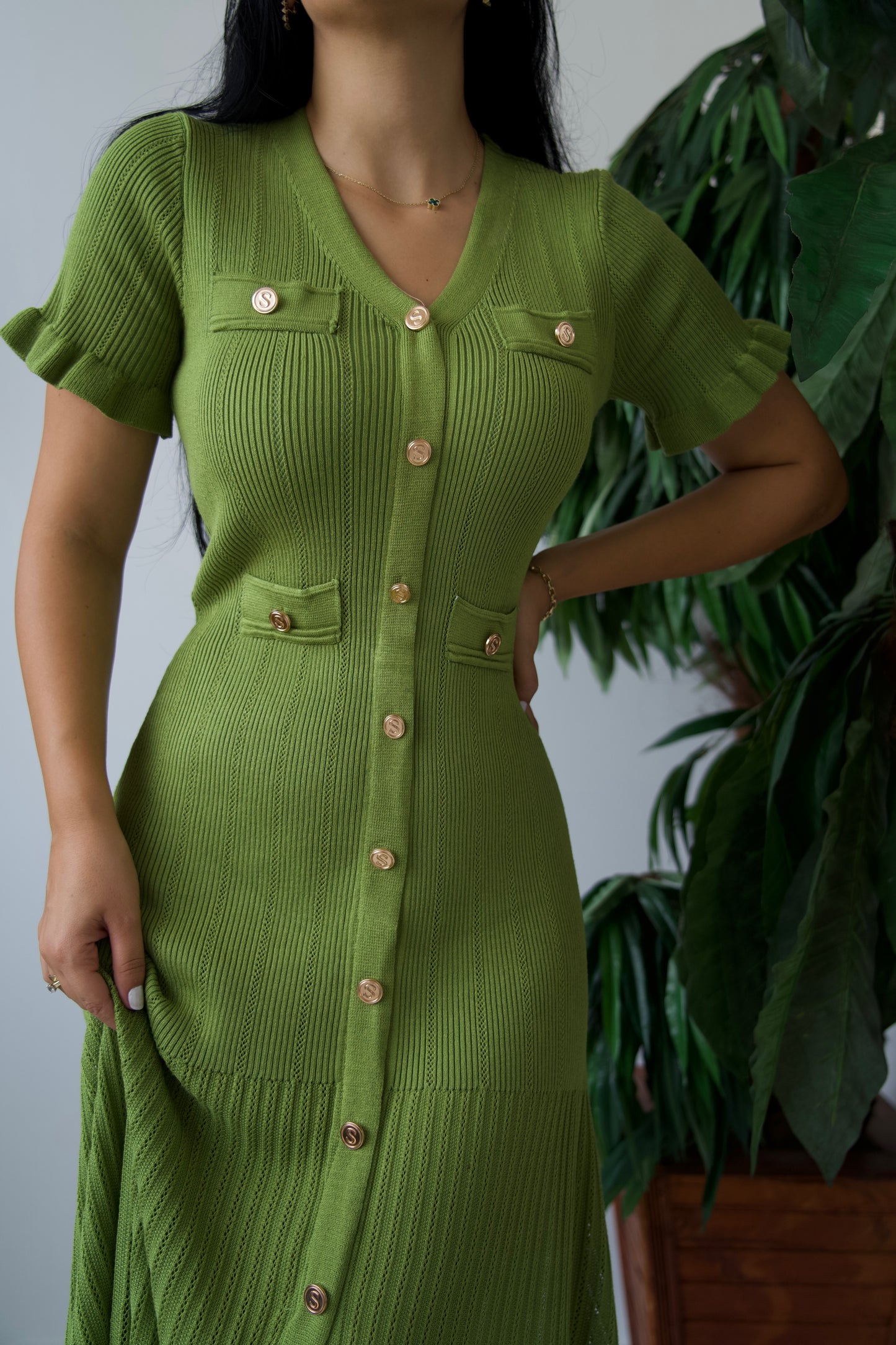 Green Dress with Decorative Buttons
