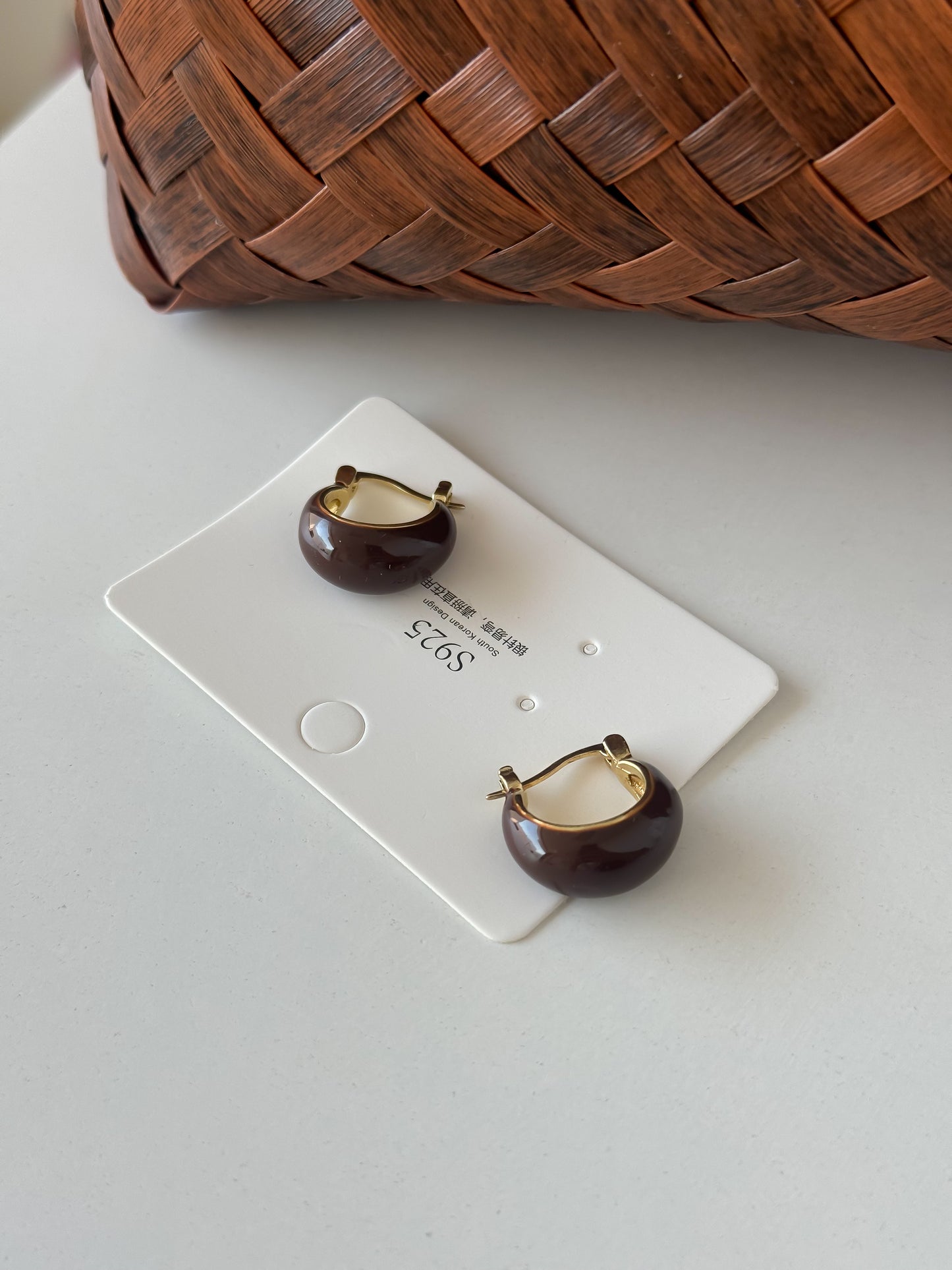 Brown Resin Hoop Earrings with Gold Accents