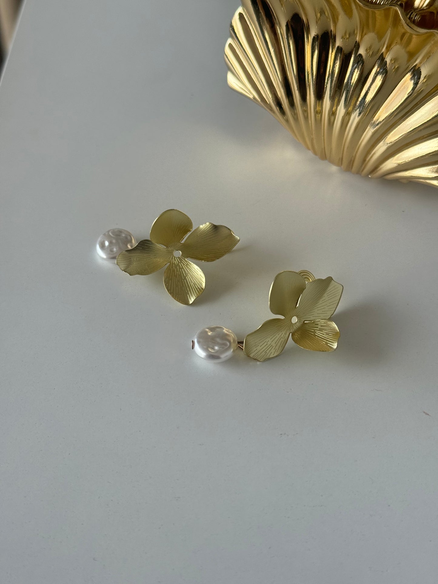 Gold Floral Drop Earrings with Pearl Detail