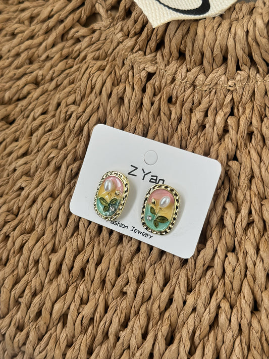 Vintage Floral Stud Earrings with Pearl Accent