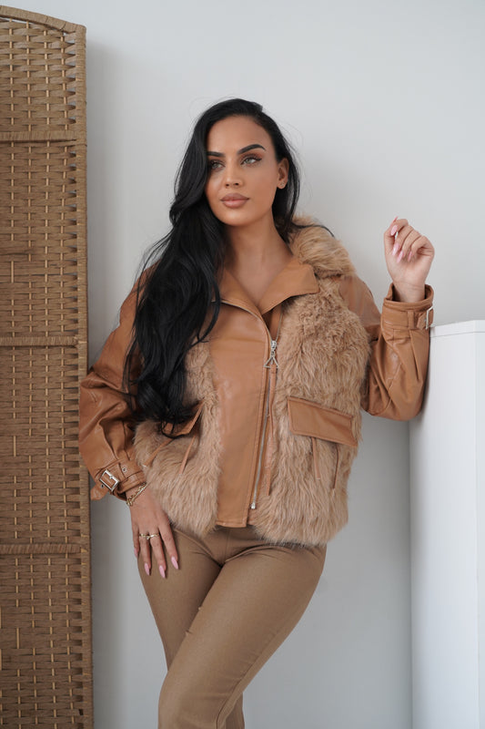 Statement caramel jacket featuring a unique mix of faux leather and soft fur.