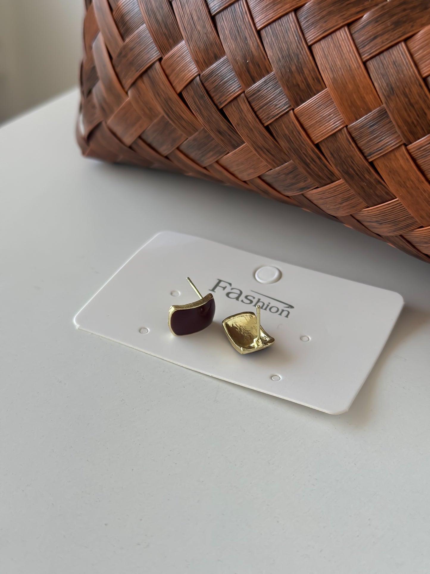 Minimalist Burgundy Stud Earrings with Gold Trim