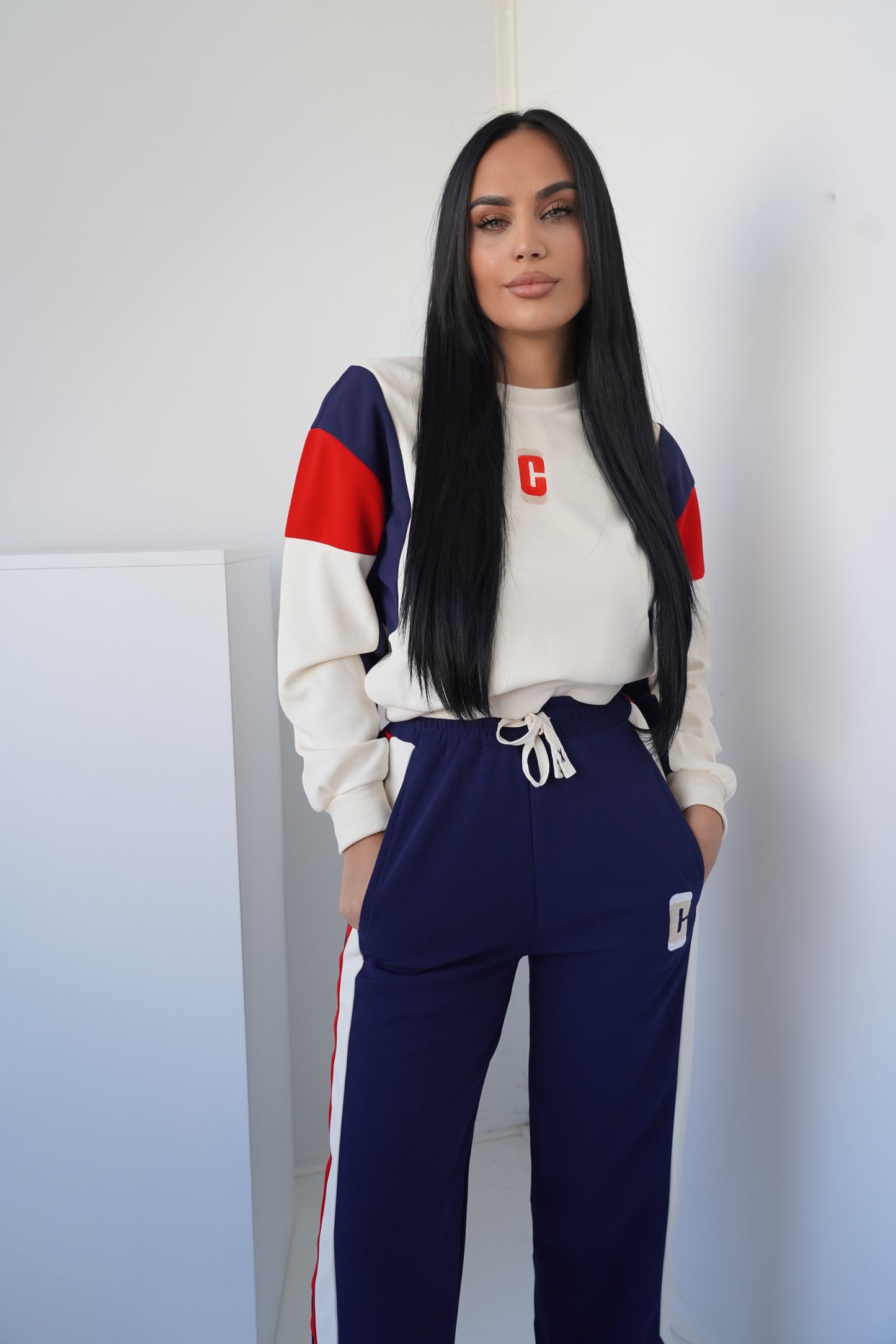 Women’s Two-Piece Set – Navy & White with Red Details