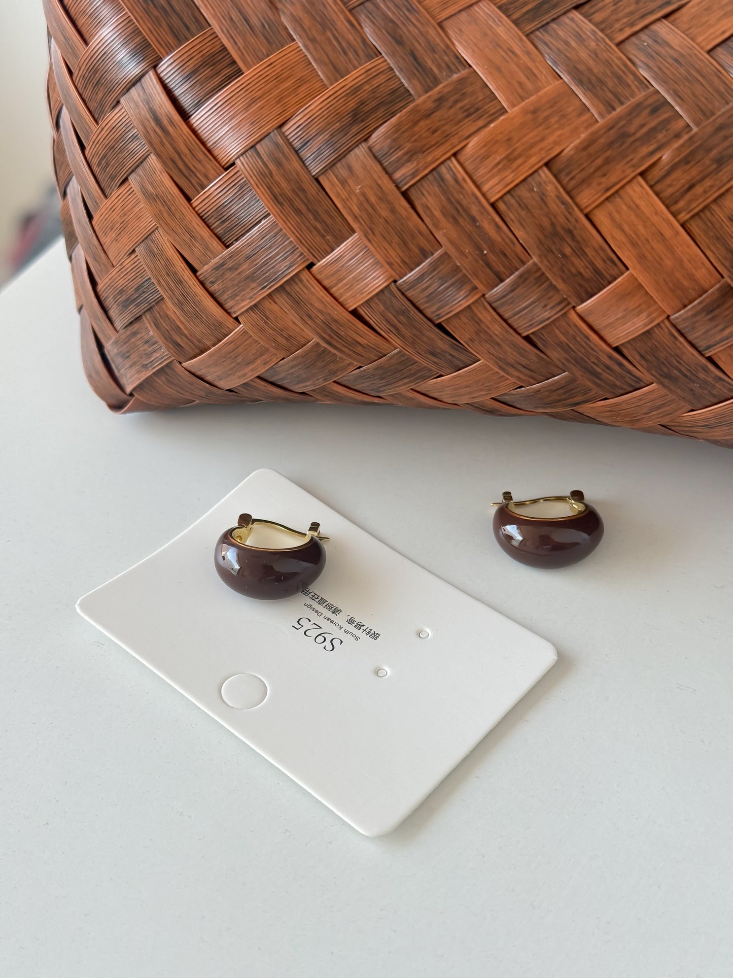Brown Resin Hoop Earrings with Gold Accents