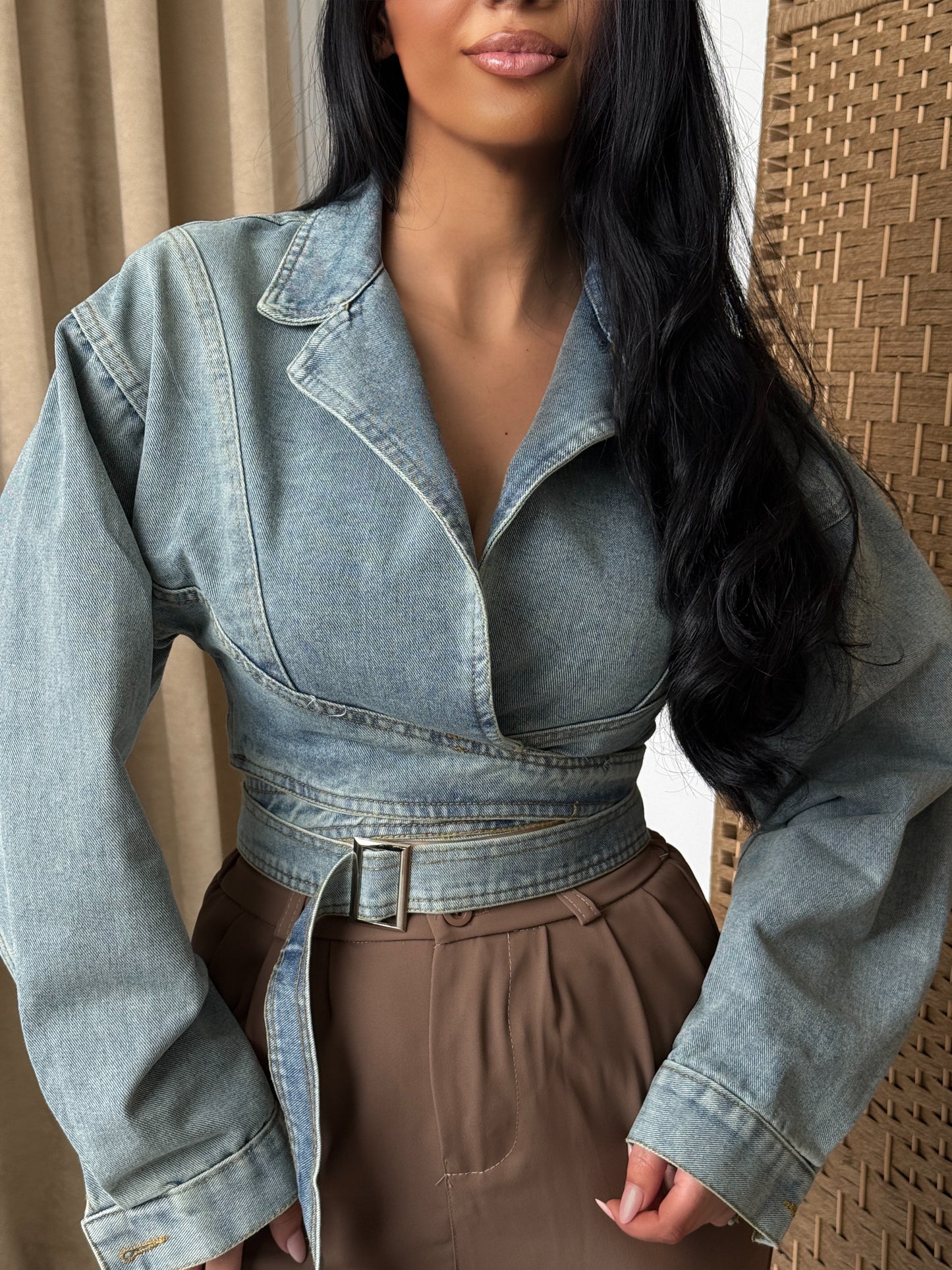 Denim jacket with a deep V-neck