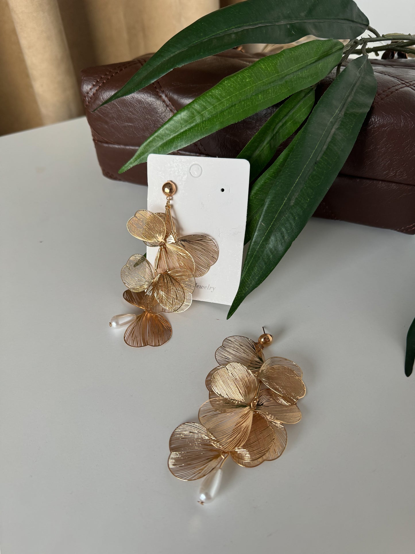 Luxury Gold Long Floral Statement Earring