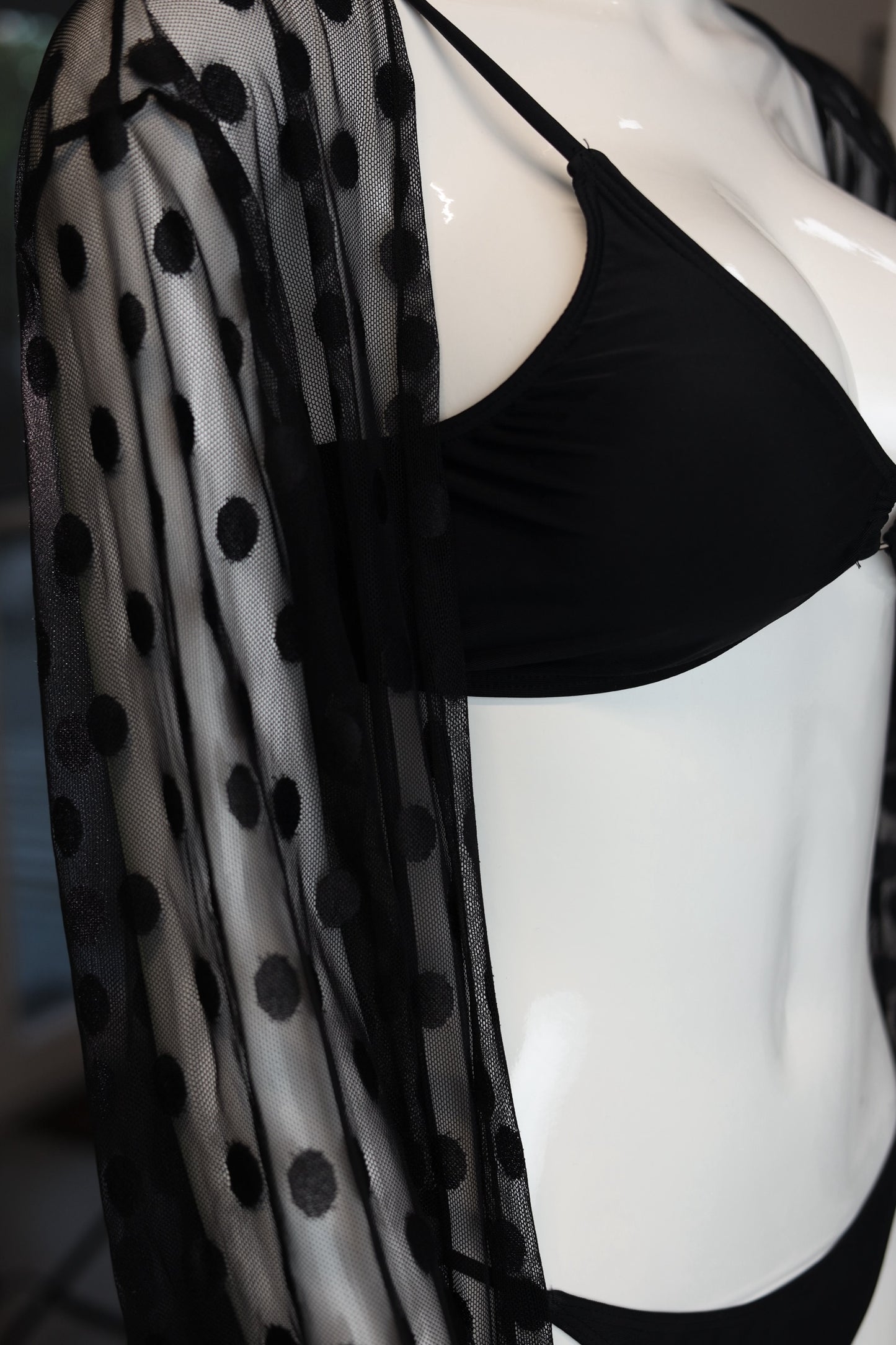 Black Bikini Set with Sheer Polka Dot Cover-Up 3pcs