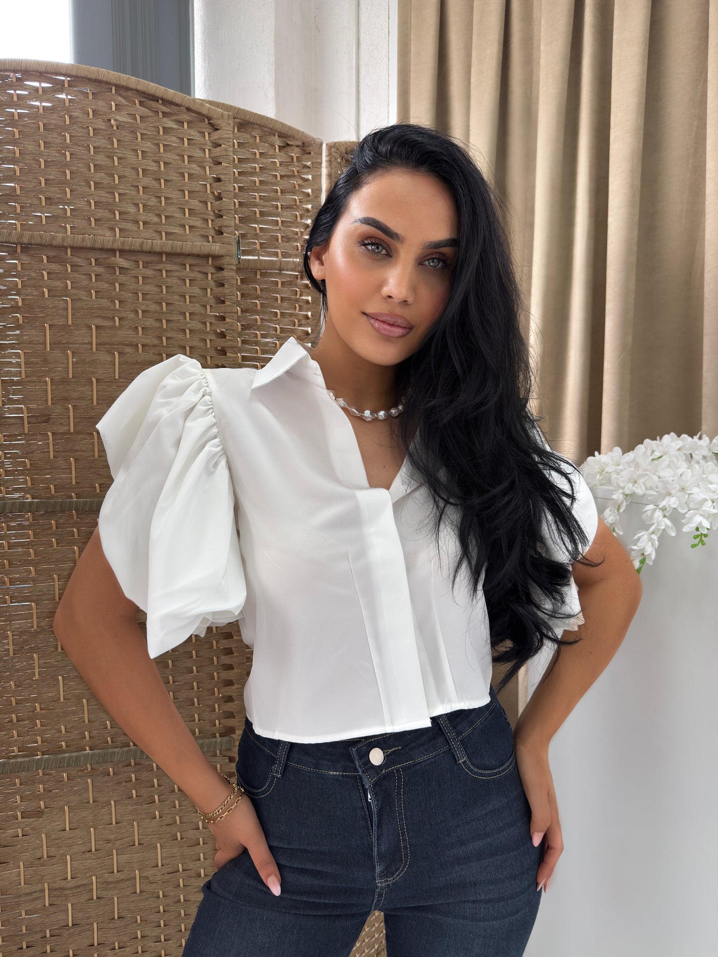 Elegant Puff Sleeve White & Black Blouse