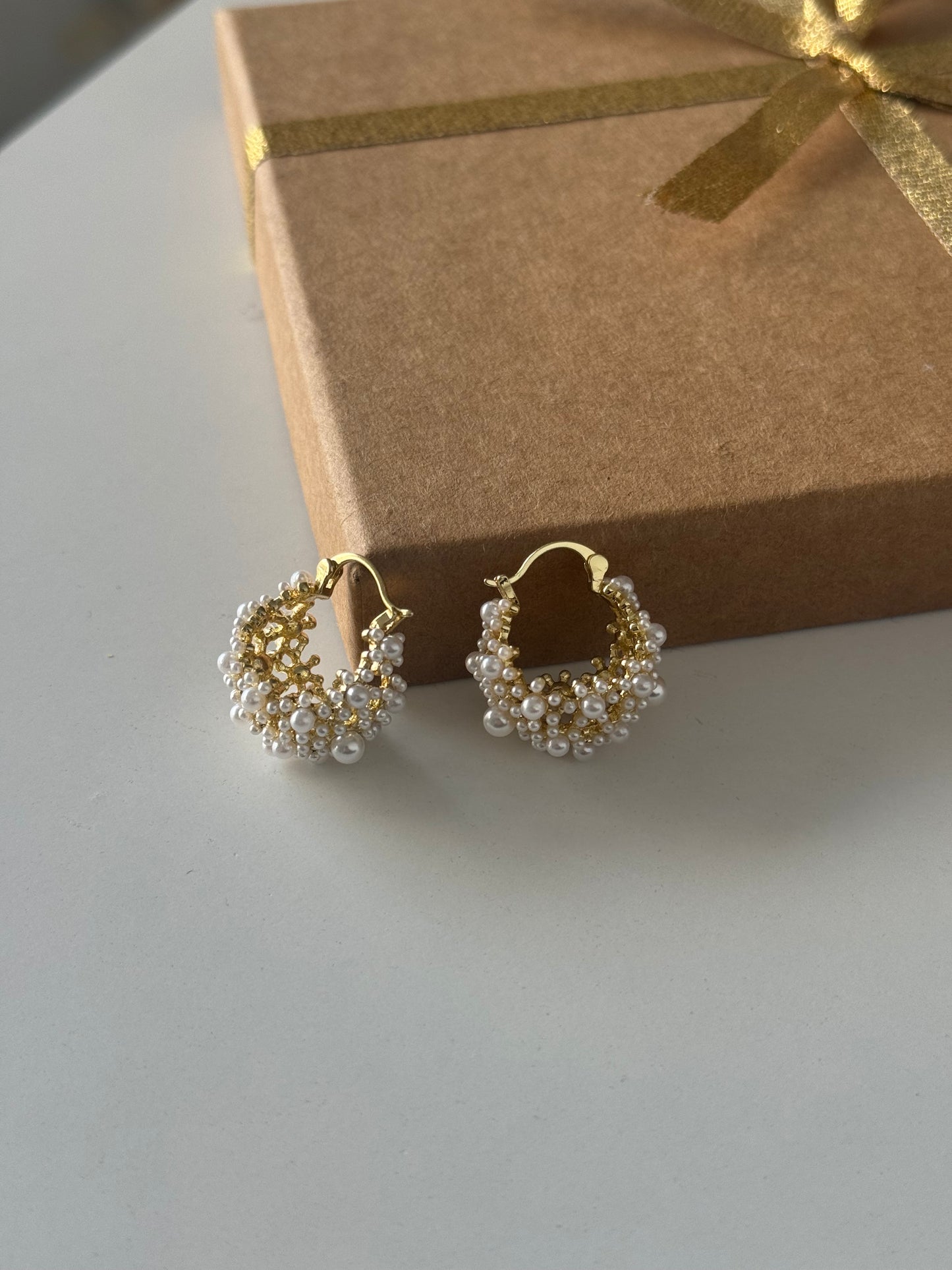 ANGLISHT:
Elegant hoop earrings adorned with delicate mini pearls