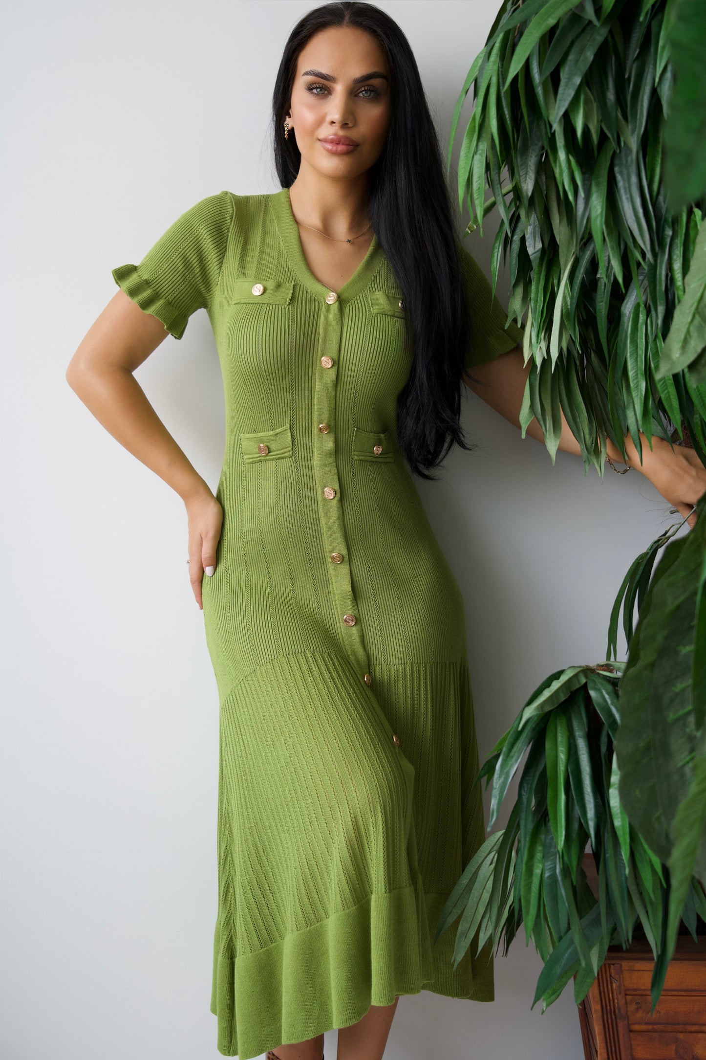 Green Dress with Decorative Buttons