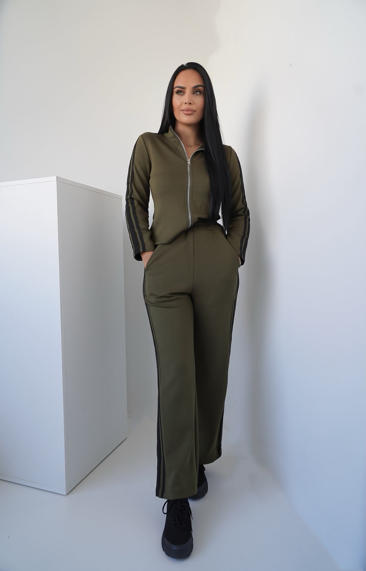 Women’s Two-Piece Set – Olive Green with Black Stripes