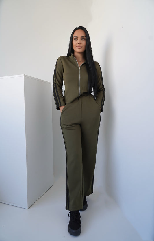 Women’s Two-Piece Set – Olive Green with Black Stripes