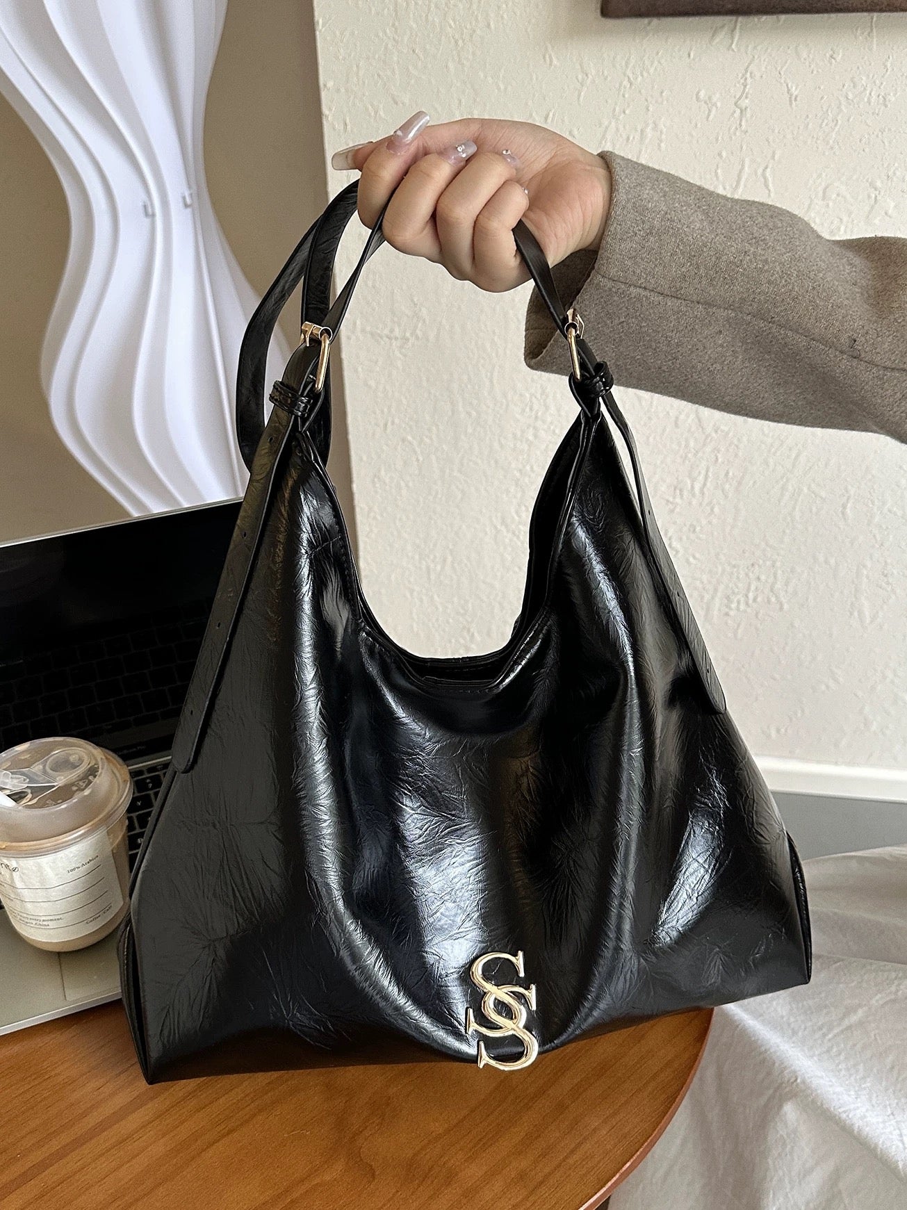 Black Leather Shoulder Bag with Gold Monogram