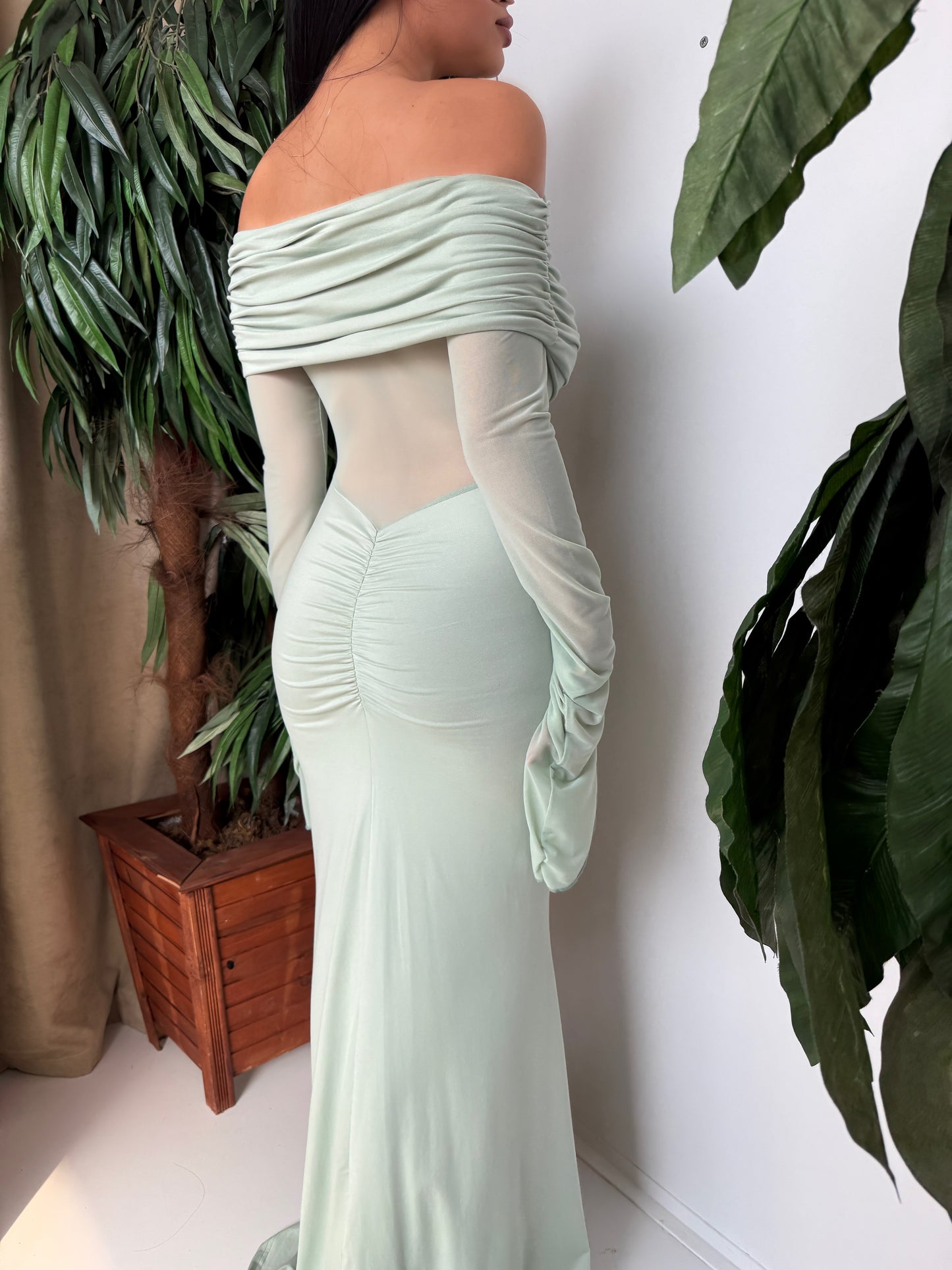Radiate elegance and grace with this pastel mint long dress.