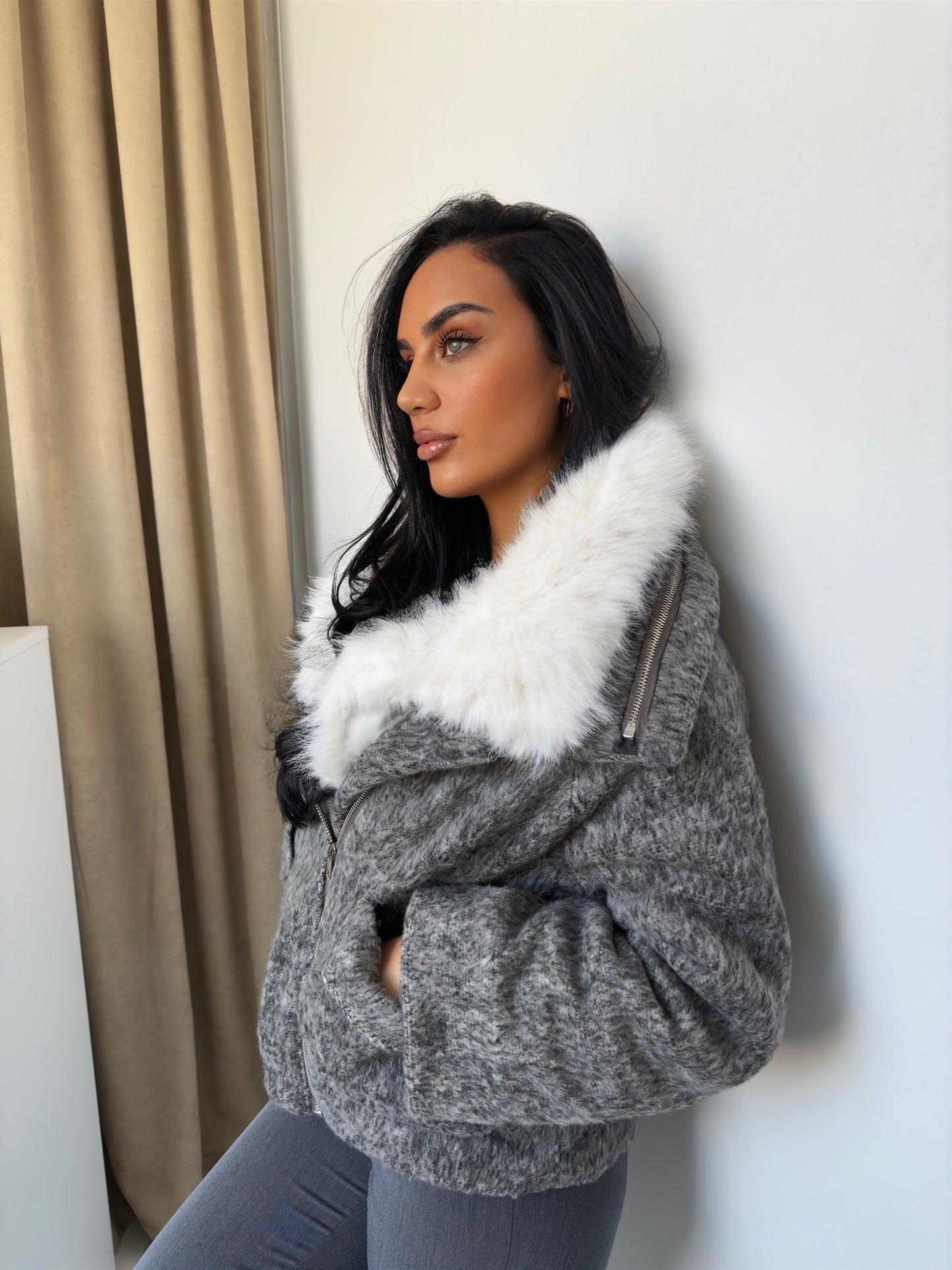 Grey coat designed with luxurious white faux fur collar and cuffs