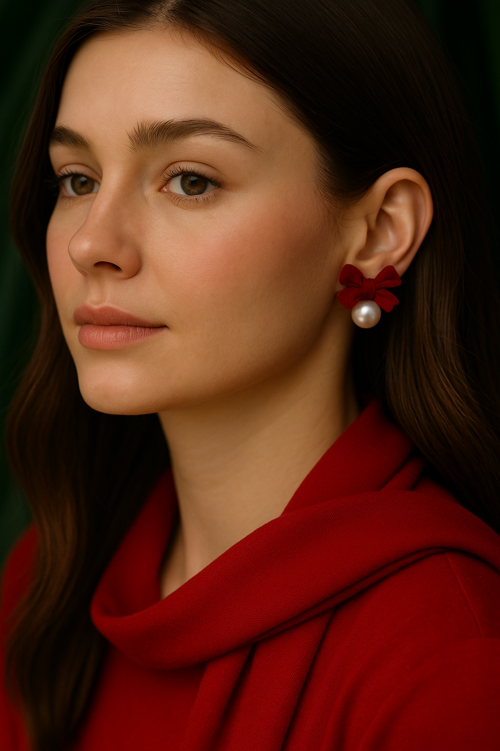 Red Bow Pearl Stud Earrings