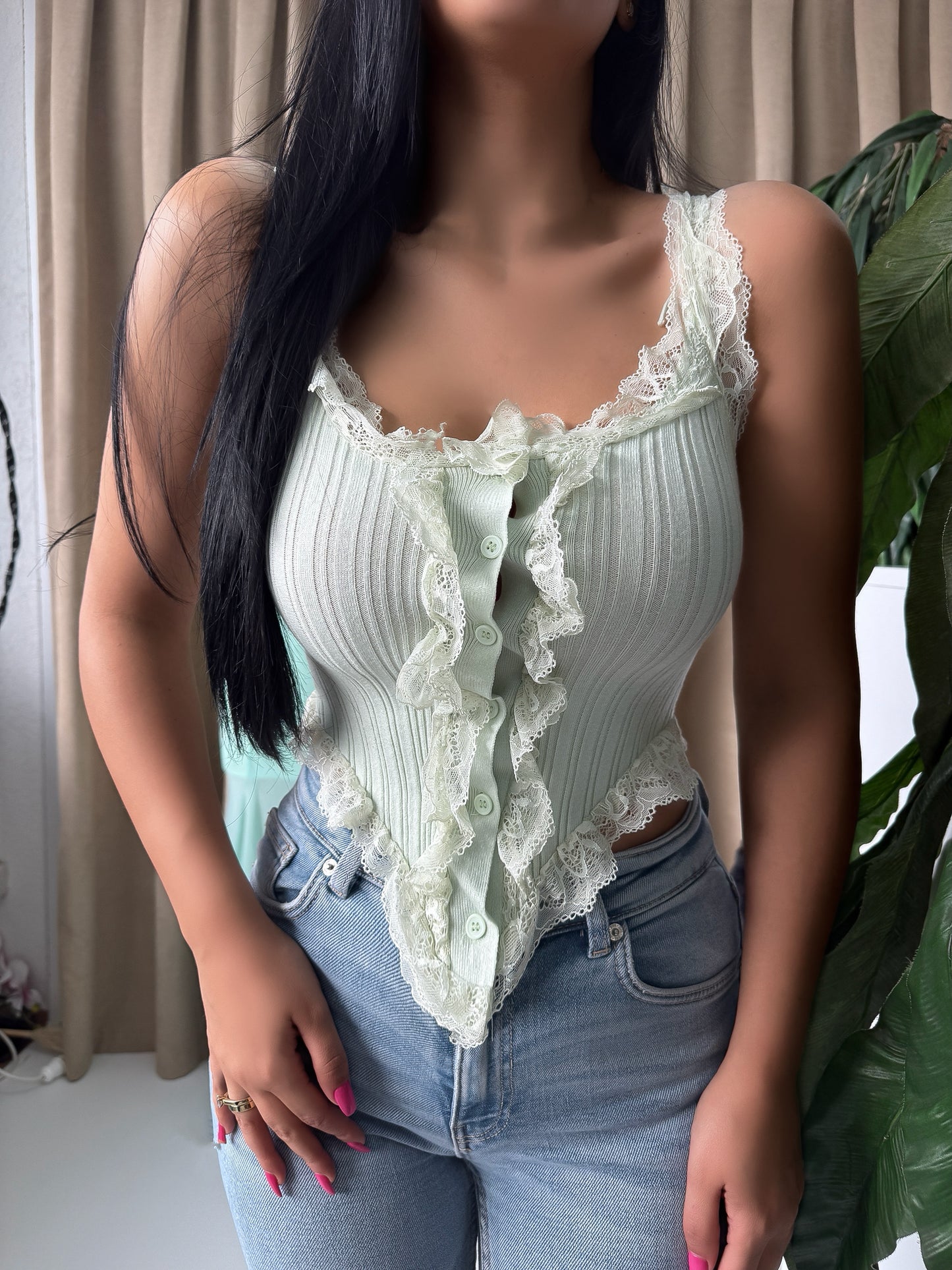 Mint Ruffle Lace Trim Tank Top