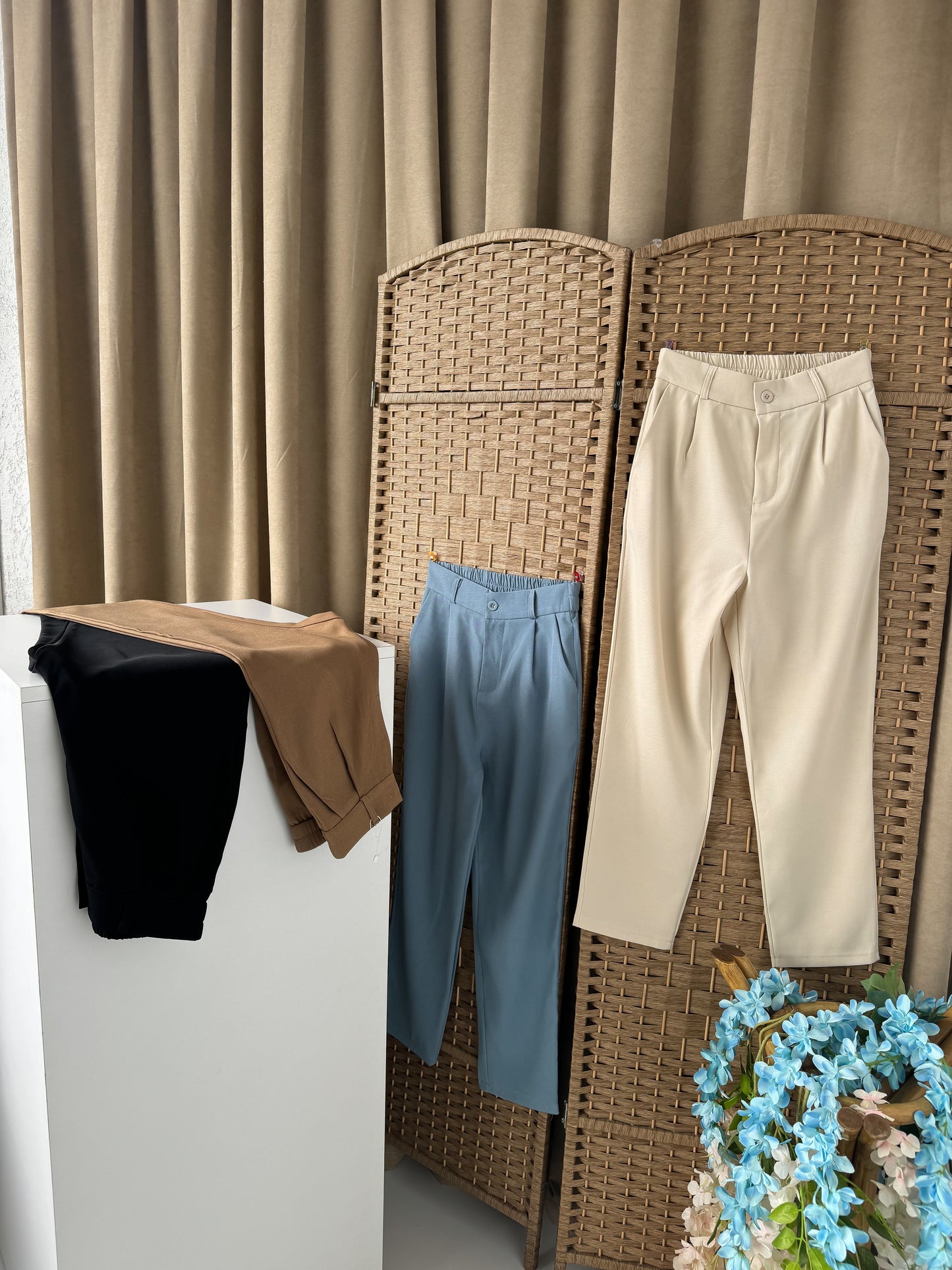 Pants available in 4 beautiful colors – beige, brown, light blue, and black