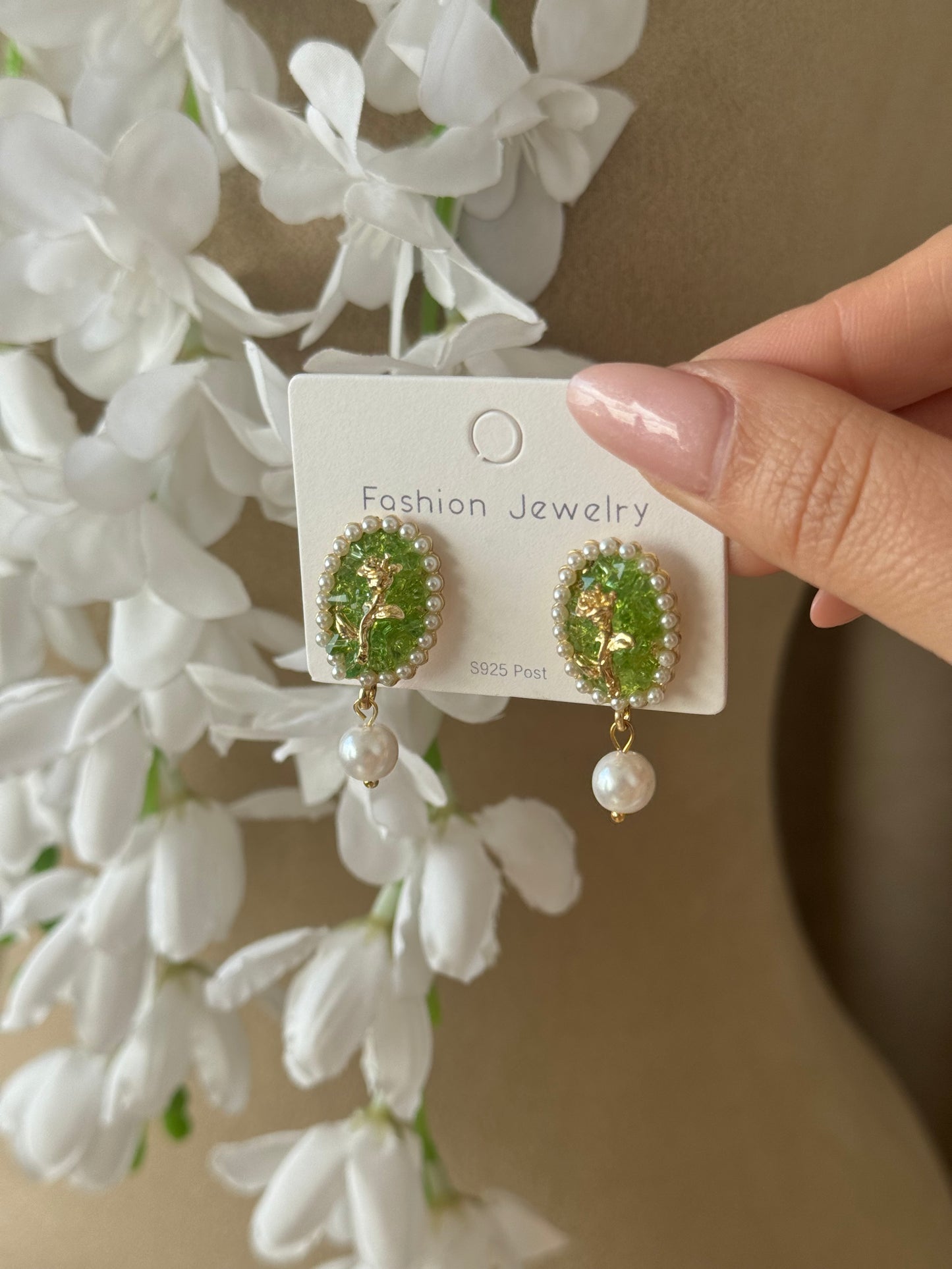 Green Pearl Gold Earrings