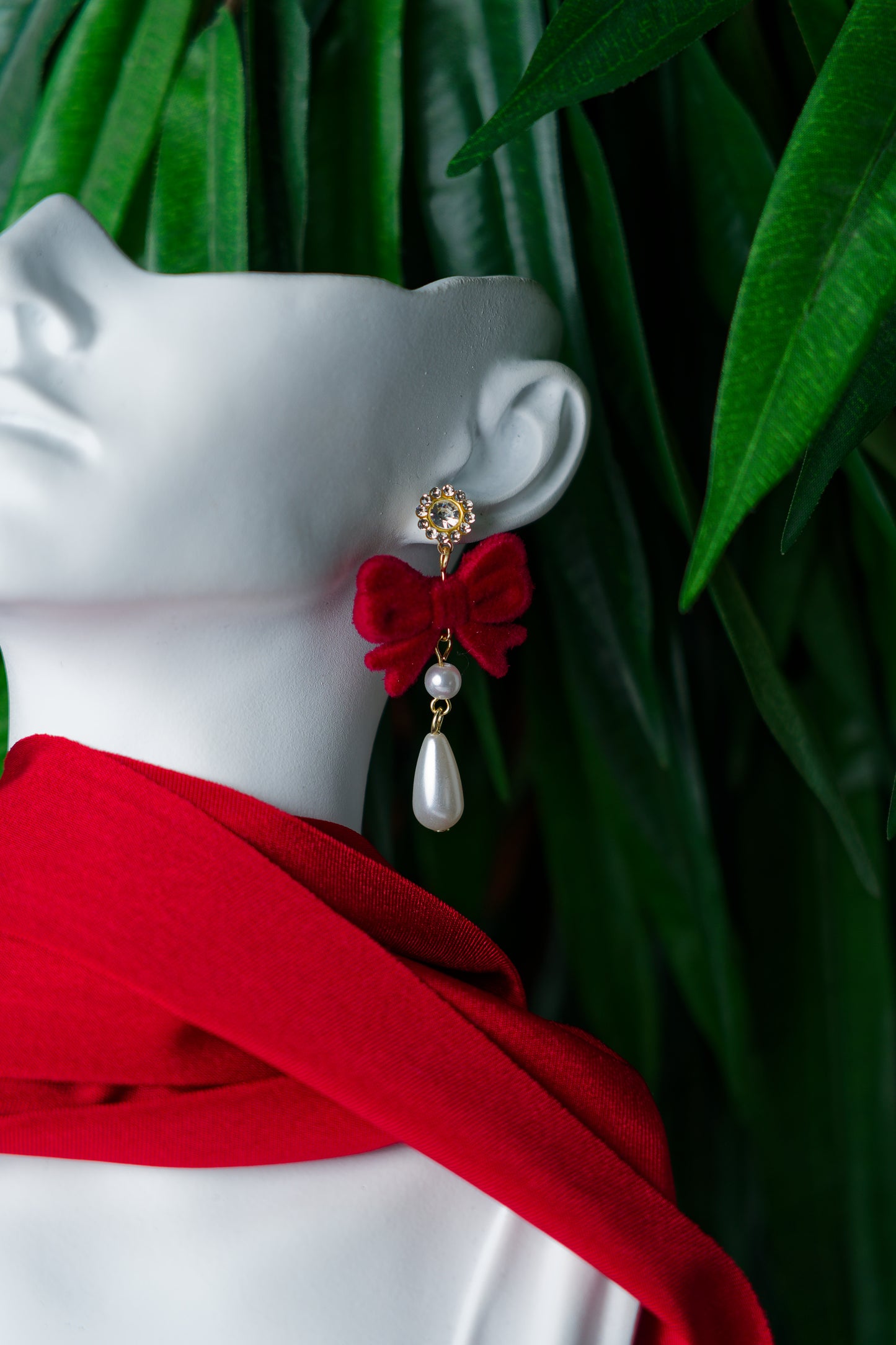 Elegance Red Bow Pearl Earrings
