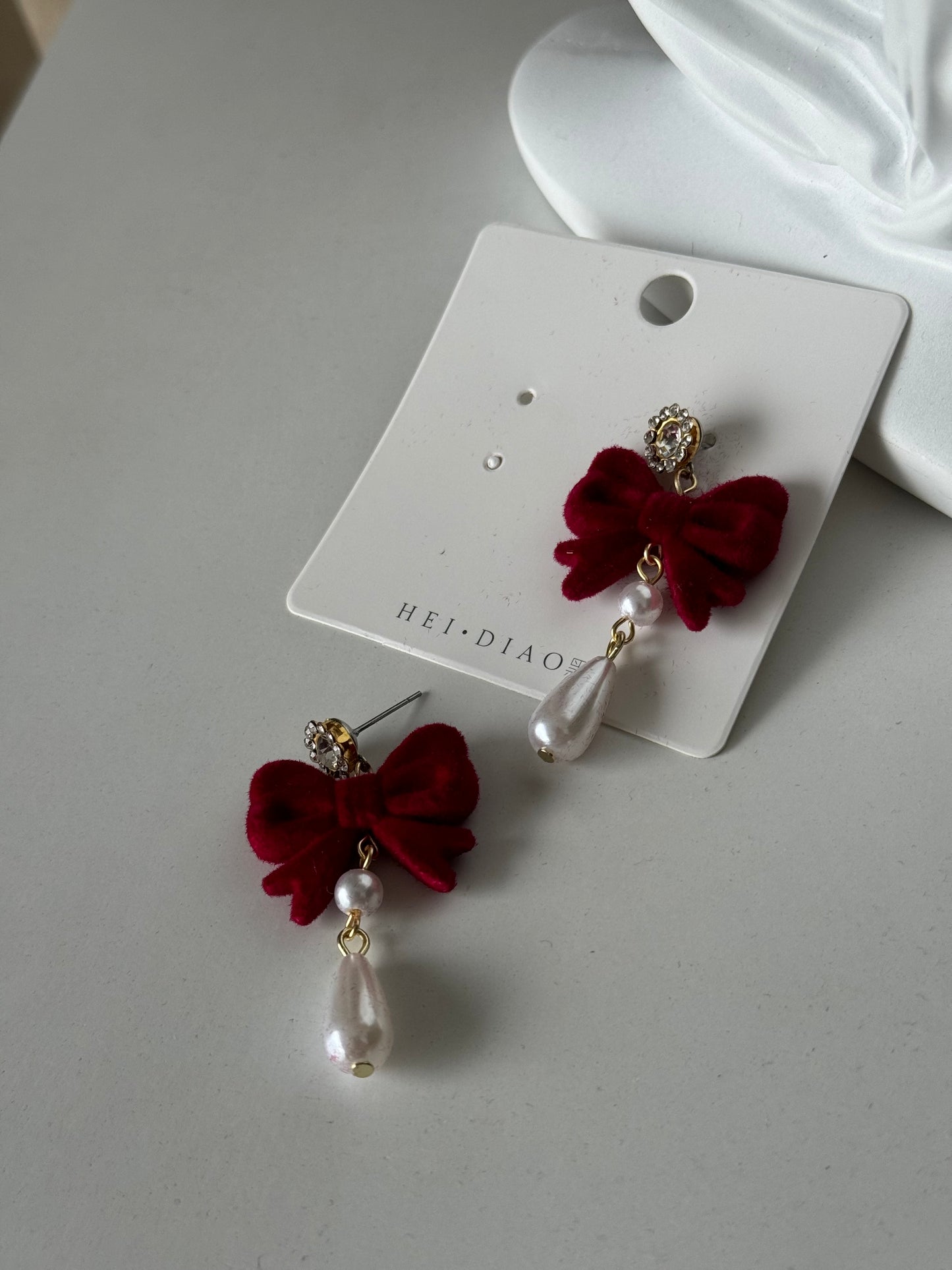 Red Velvet Bow & Pearl Drop Earring