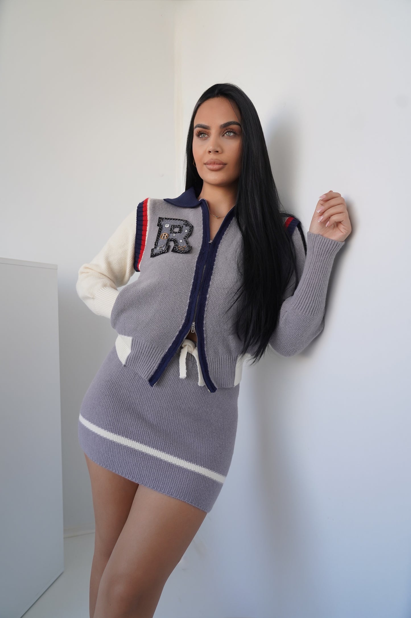 Women’s Knit Two-Piece Set – Grey & Navy