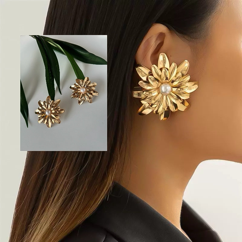 Statement Gold Flower Earrings with Pearl Center