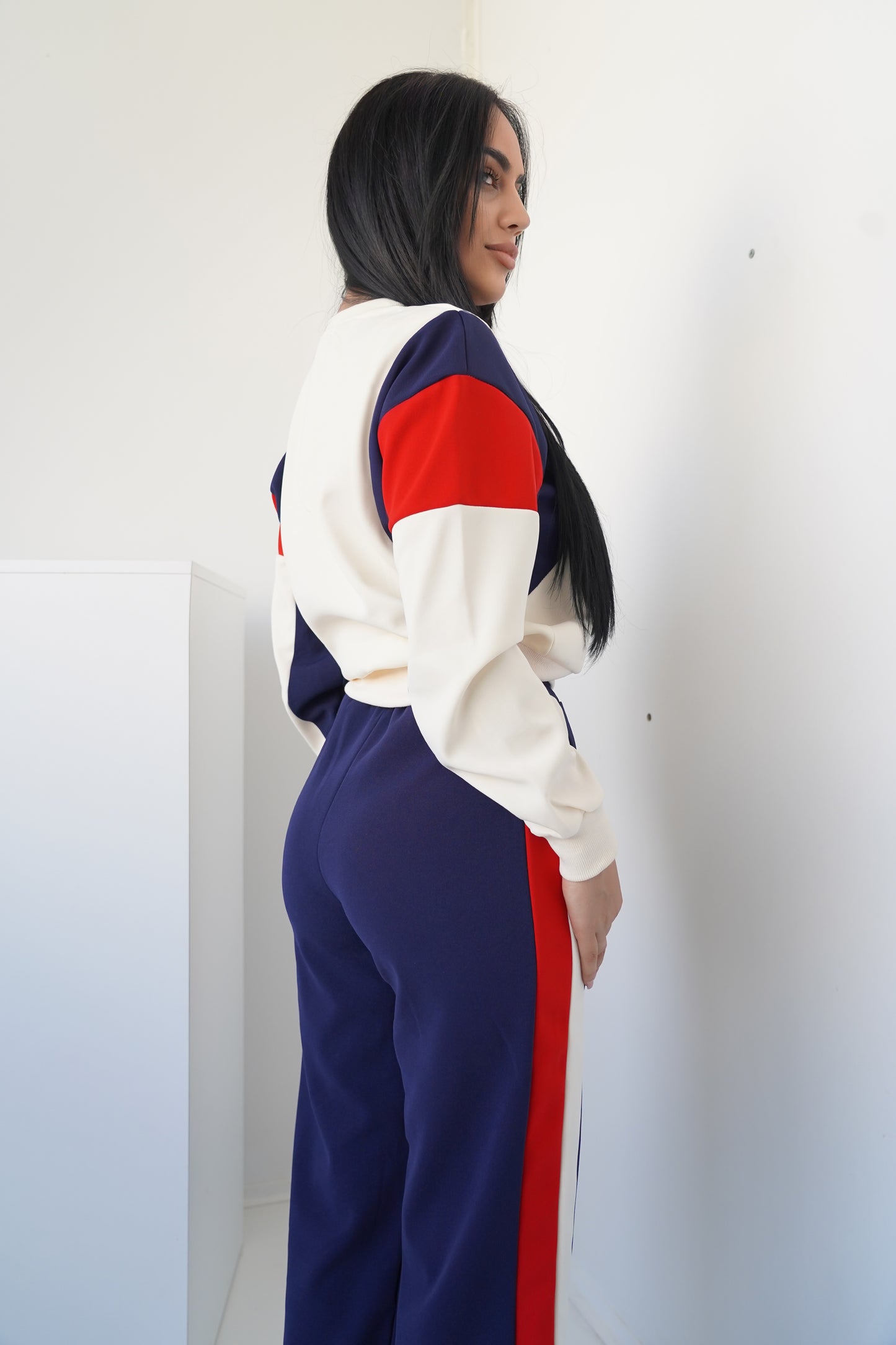 Women’s Two-Piece Set – Navy & White with Red Details