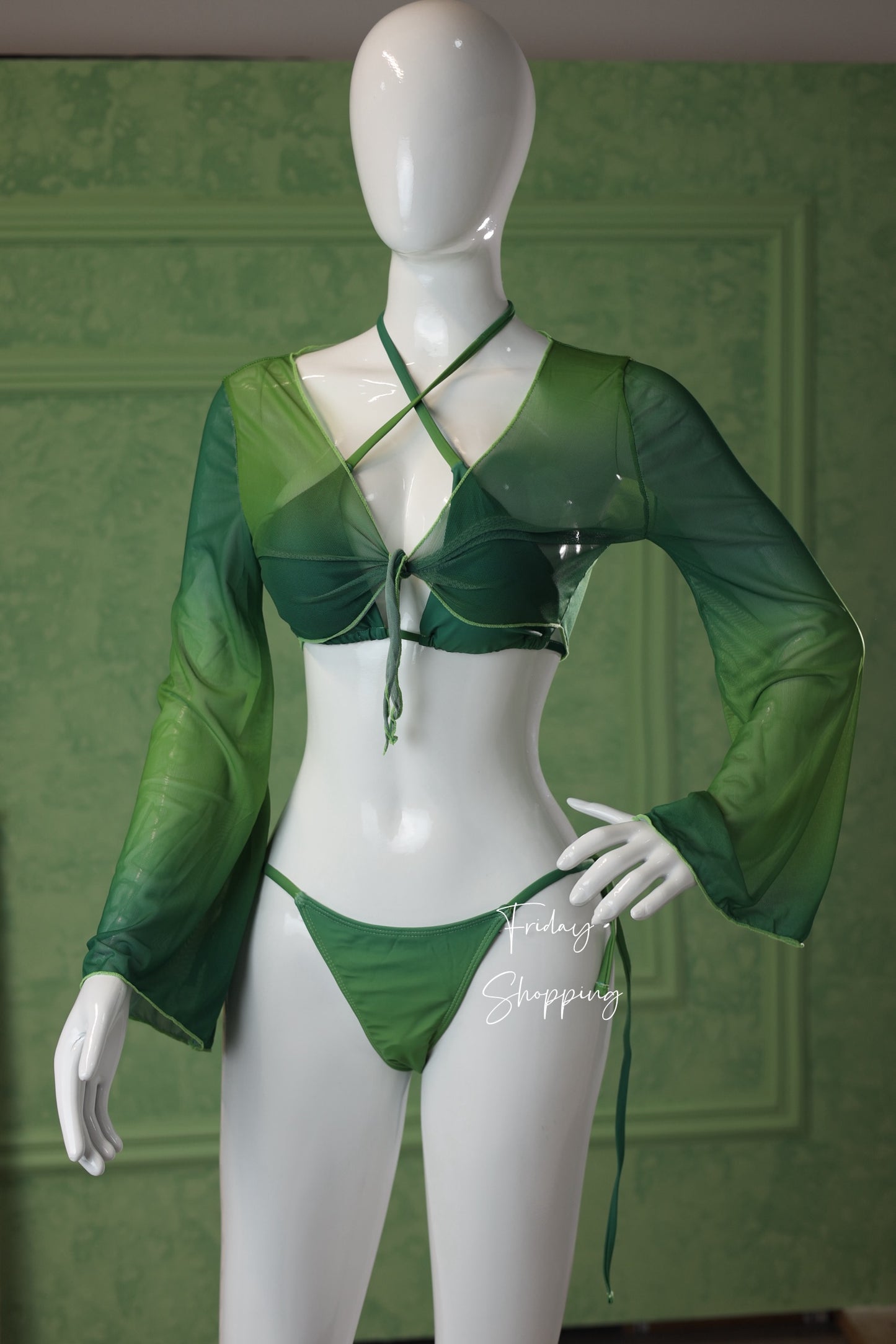 Emerald Green 3-Piece Bikini Set with Sheer Top