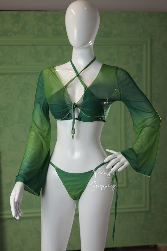 Emerald Green 3-Piece Bikini Set with Sheer Top
